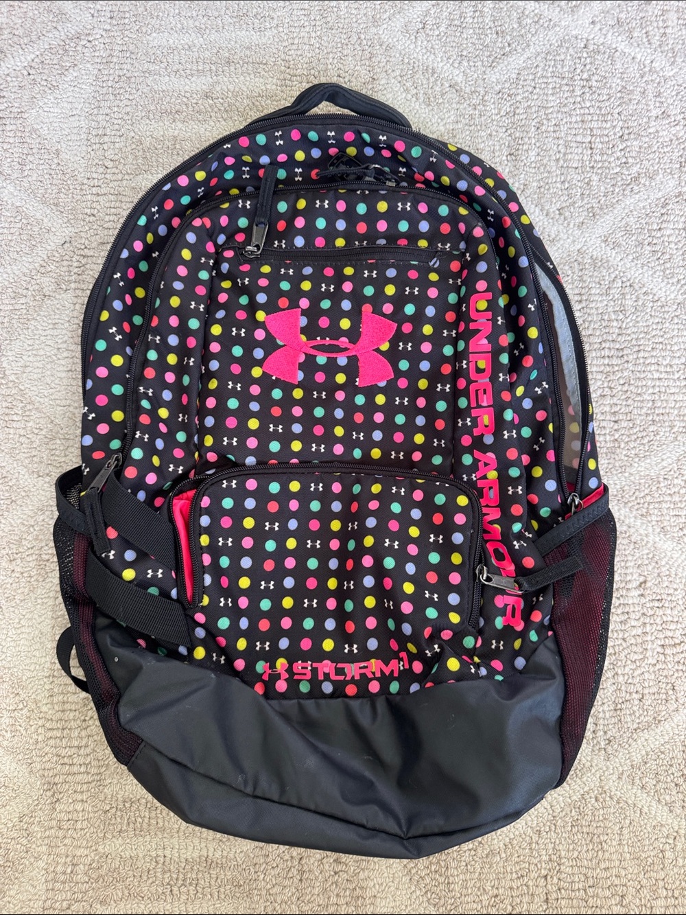 Under Armour Black Backpack with Neon Polka Dot Print